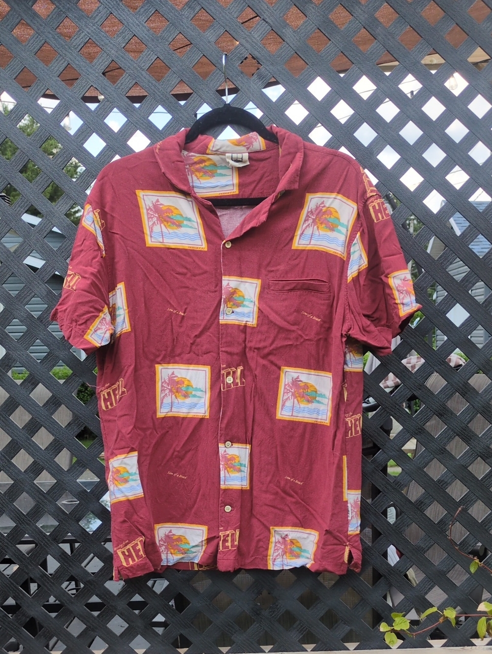 Insight Burgundy Short-Sleeve Button-Down with Tropical Patch Print